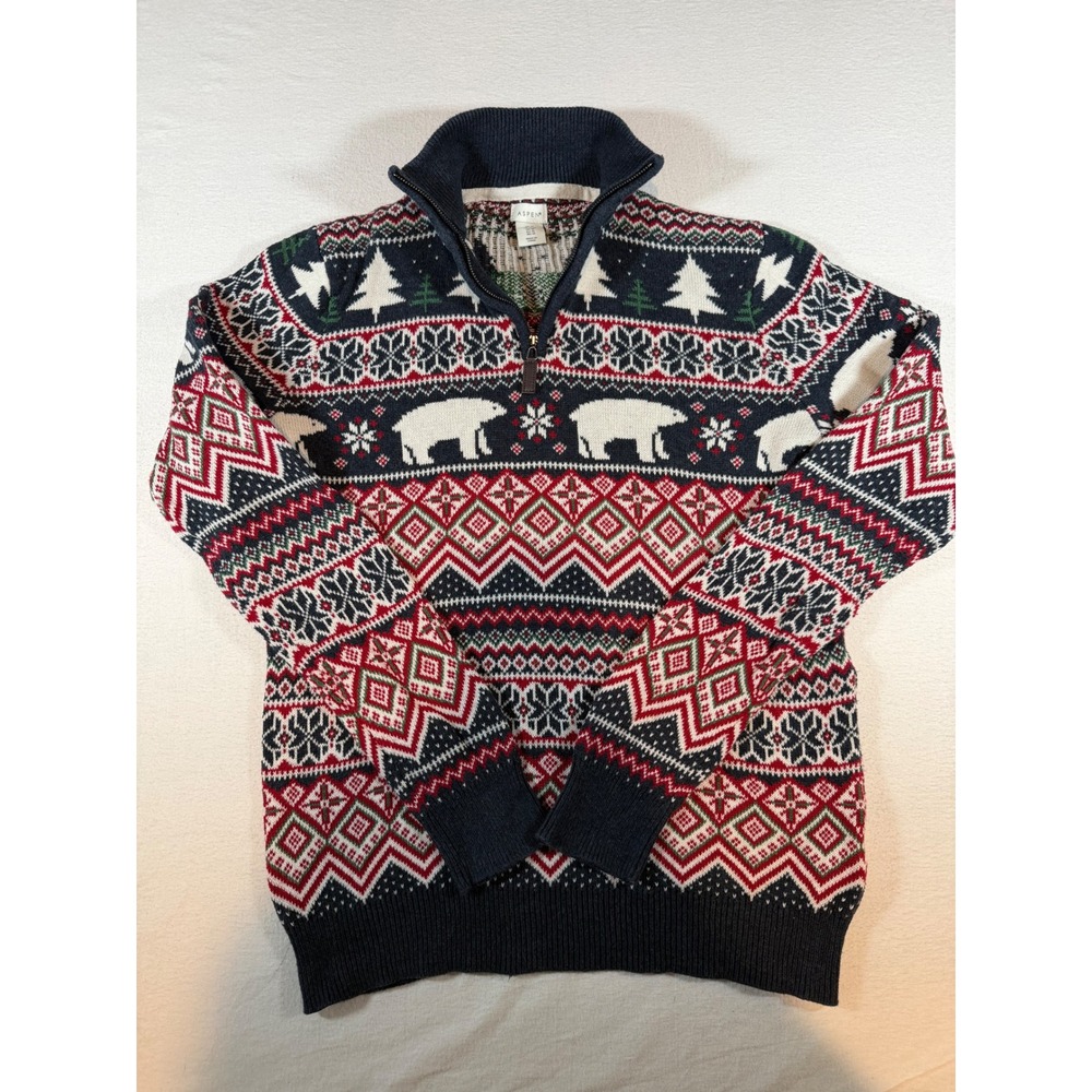 Aspen Mens Navy Blue Polar Bear Fair Isle 100% Cotton Quarter Zip Sweater M